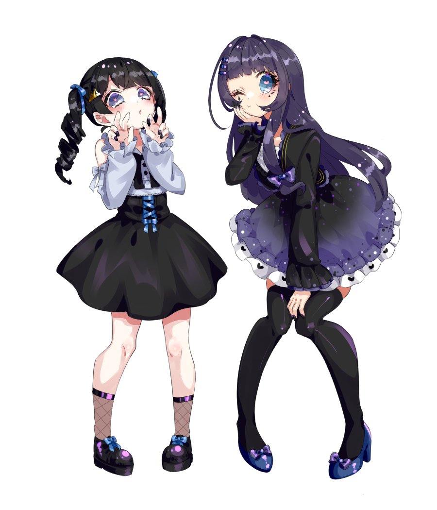 2girls multiple girls thighhighs drill hair black nails black hair one eye closed  illustration images