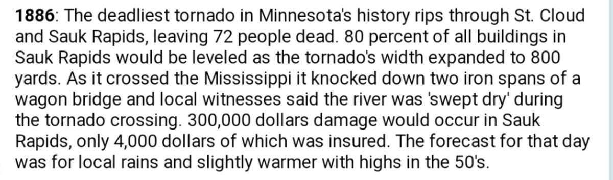 On this date the deadliest #Tornado in #Minnesota's history rips through St. Cloud and Sauk Rapids, leaving 72 people dead.

Tornados can strike at any time on any date! Please practice/revise your Tornado safety plans with the #Drill tomorrow!

#MNwx #WIwx #RochMN #Rochester https://t.co/osBKUSe0yo