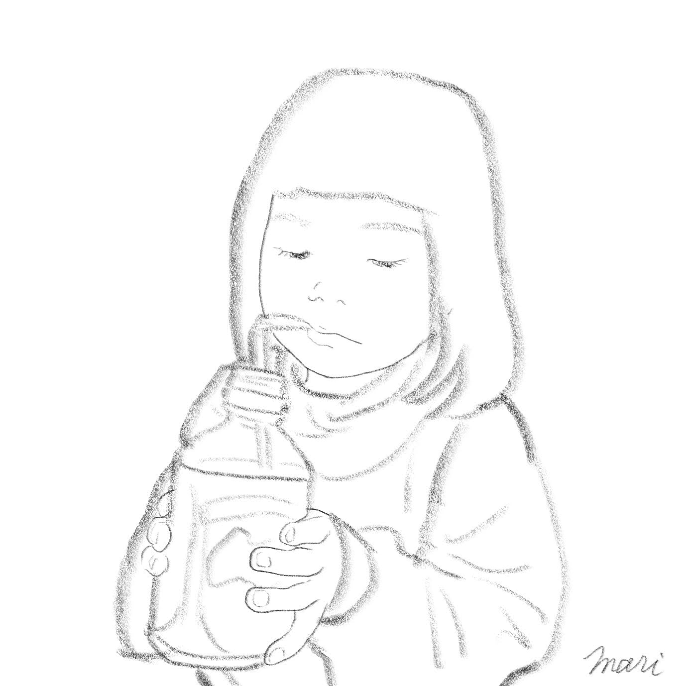 Illustration Mari ジュースを飲む仕草 小さい時に ペットボトルで直接飲むとこぼれてしまうのでストローで飲んでる所です 口がへの字になってて可愛い ペットボトル ストローで飲む 何気ない日常をイラストに 挿絵 T Co Izohc1rh2s