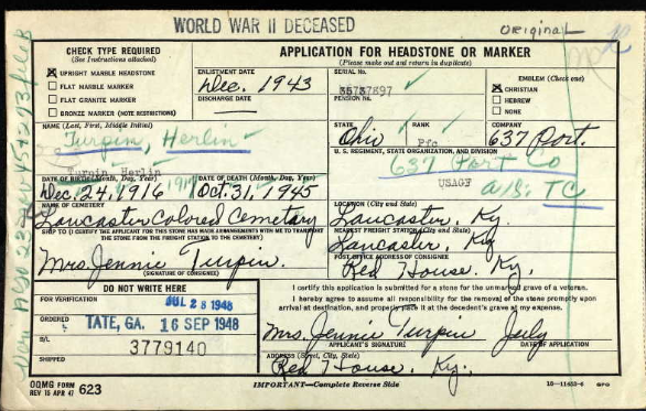 NvrForgetCinci's tweet photo. #WeRemember PFC Herlin Turpin originally of Lancaster, KY &amp; then of Walnut Hills. He was working as a shoe repairman when he enlisted. He served in the segregated 637 Port Co. He died in New Guinea shortly after #WWII ended on 31 Oct 1945. He is buried in Lancaster Cemetery. https://t.co/u9hQFrk4hY