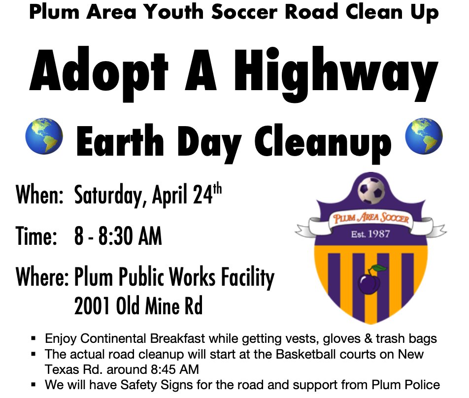 Plum Soccer Earth Day Clean Up 🌎 -- April 24th -- Sign-up today and help us make a difference in our community