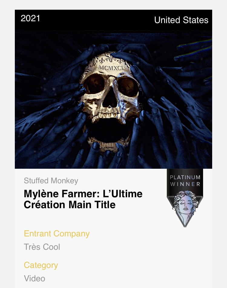 mathieuspadaro's tweet photo. The Opening Credits of my latest documentary Mylene Farmer, L'Ultime Creation produced by Stuffed Monkey has just won a Platinum Muse Award! This award recognizes the incredible work of my talented friends from https://t.co/HIYbV9r0yn, @leo_pia_  &amp; carlipia. Bravo ! https://t.co/K6v22RPj2j