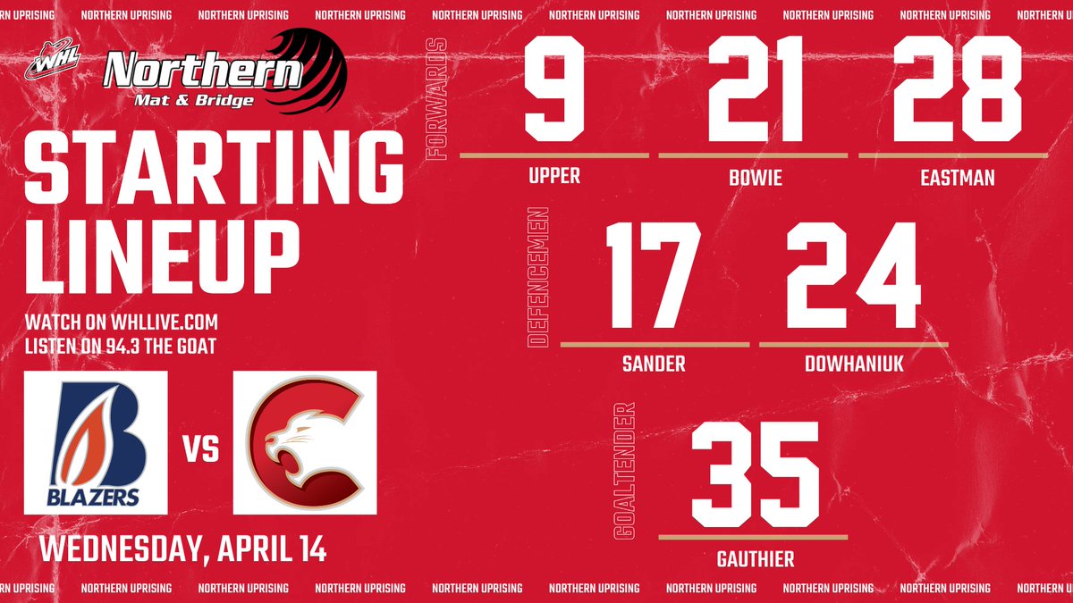 PGCougars's tweet image. Here are your @NorthMatBridge starters for this evening's game. Puck drops in 15 minutes!

Tune in: 
📺 watch.chl.ca
📻 bit.ly/3lYszNY