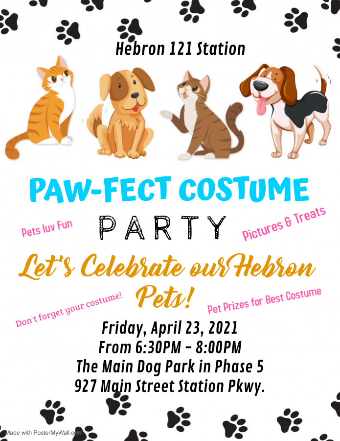 Hebron121's tweet photo. Hey Hebron Paw Fam! Join us on Friday, April 23rd at 6:30PM at the Phase 5 Bark Park for our pet costume party! We will have pet treats, pet prizes and pictures so come out and enjoy the fun! #Hebron121Station #PetParents #CostumesForPets https://t.co/H478Tfcslc