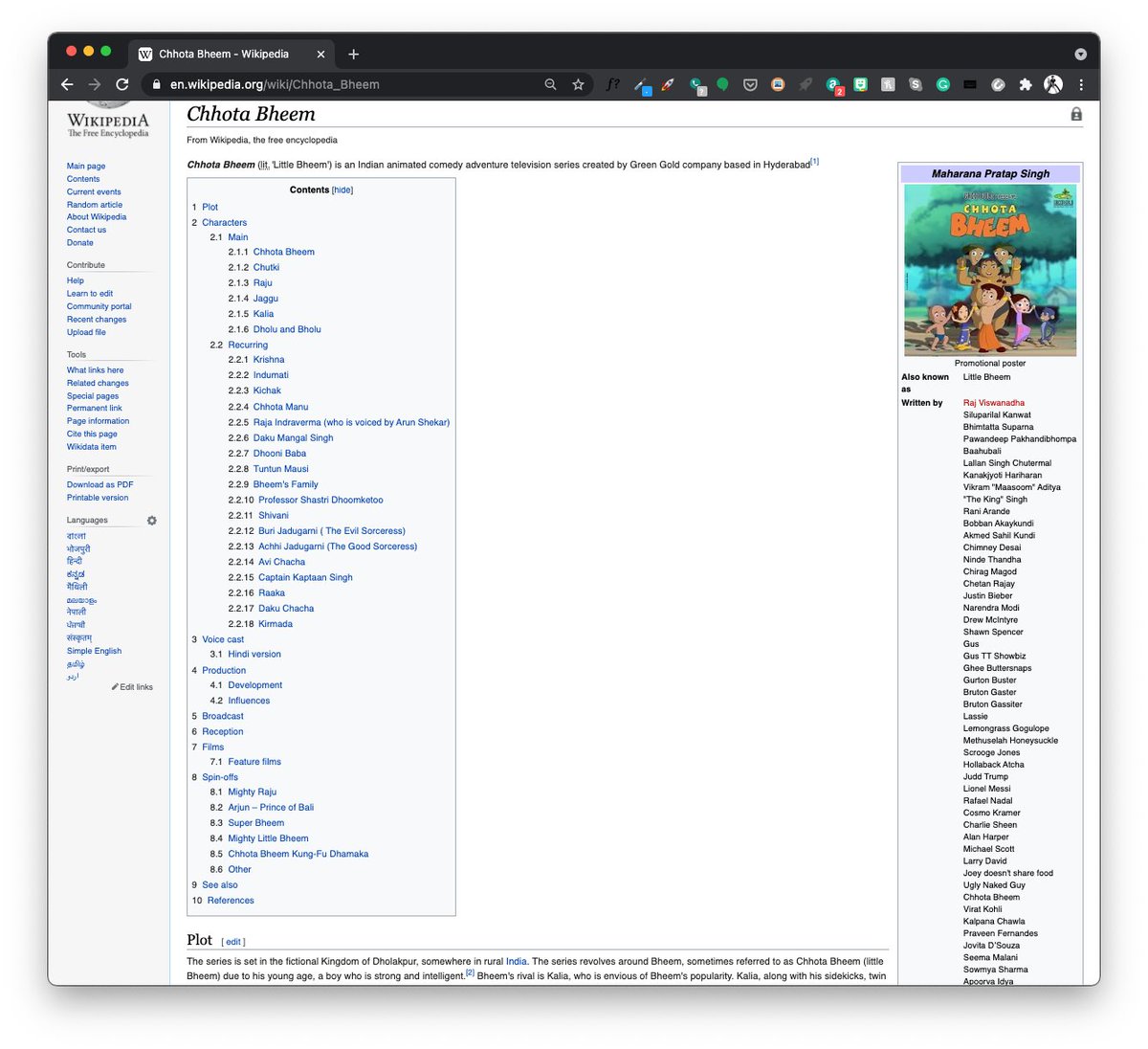 Avnish Mehra on X: Everyone needs to stop what they're doing right now and  look at the writing staff for Chhota Bheem on Wikipedia. It includes  @justinbieber, @narendramodi, @imVkohli, a guy named Gus, Hollaback Atcha,  Joey doesn't share food, and ...