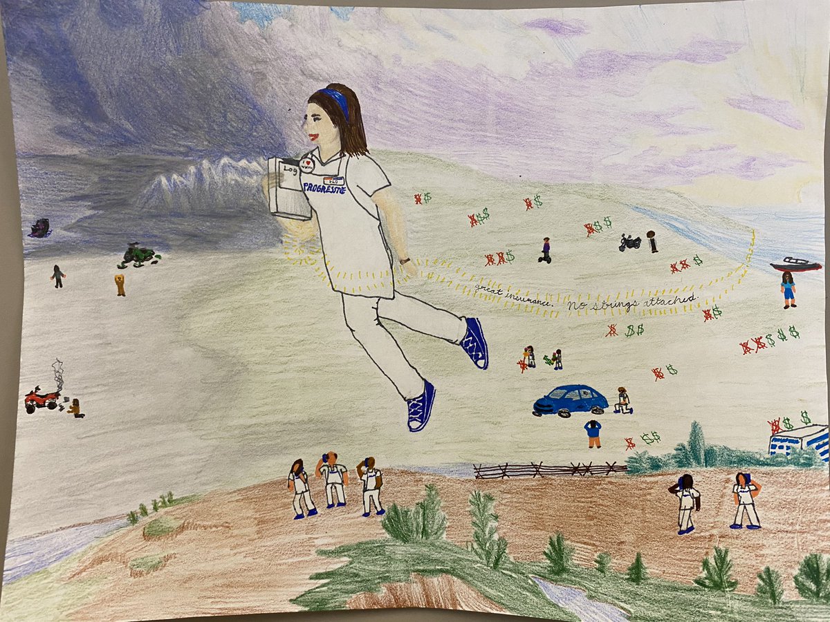 BrainTonya's tweet photo. When your students interpret historical artwork (‘American Progress’), you never know what you’re going to get. @progressive #flofromprogressive 🤣 https://t.co/cqGWRGcjZb