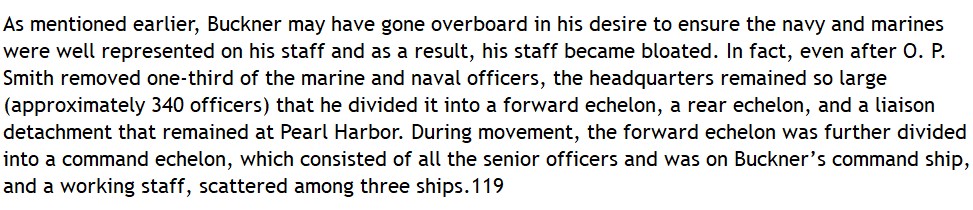 Page 199 of Sharon Tosi Lacey's "Pacific Blitzkrieg: WWII in the Central Pacific" described how Gen. O. P. Smith axed large numbers of USMC & USN officers from Tenth Army Staff thusly:44/