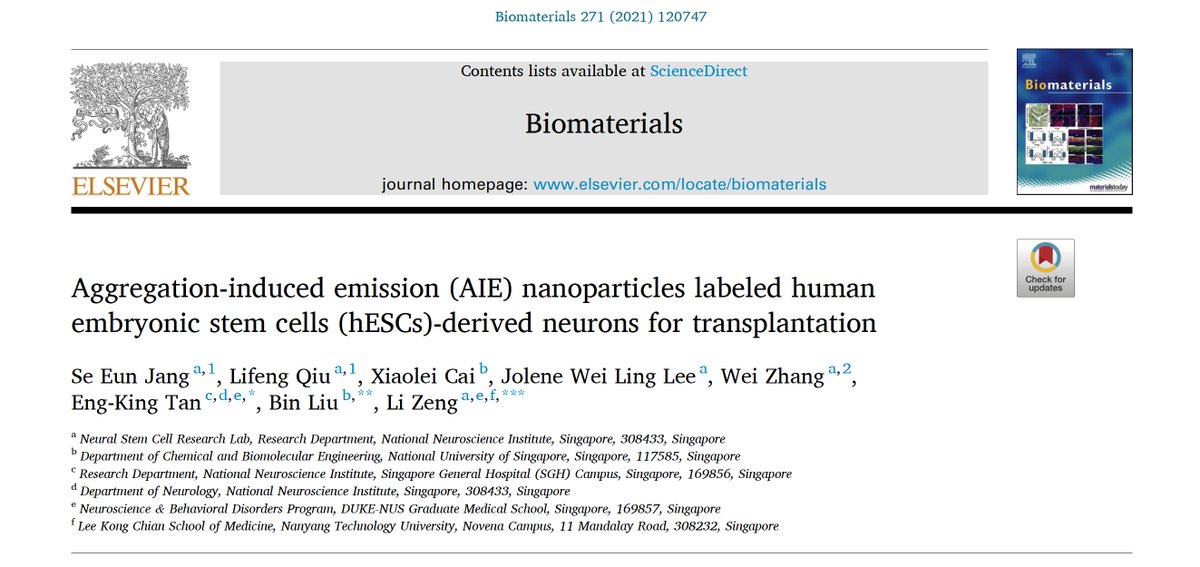 Neural Stem Cell Research Lab (@nscrl_nni) on Twitter photo Congrats to <a href="/JoanneJangSE/">Jang Se Eun (Joanne)</a> on her co-first publication in Biomaterials! We evaluated for the first time, transplanted AIE-NPs labelled hESC-derived neurons in mice for its biocompatibility, retention rate and associated immune response. Congrats to <a href="/JoanneJangSE/">Jang Se Eun (Joanne)</a> on her co-first publication in Biomaterials! We evaluated for the first time, transplanted AIE-NPs labelled hESC-derived neurons in mice for its biocompatibility, retention rate and associated immune response.