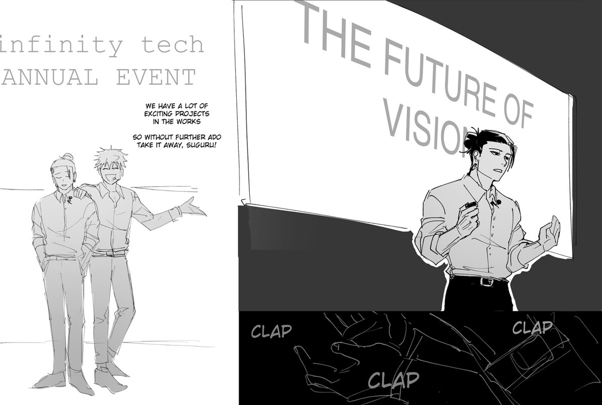 (1/?) JUJUTSU KAISEN TECH/COLLEGE AU!!ft Gojo & Geto as CEO&CTO of Infinity Tech, the students as STEM majors, and more..it started with a doodle and the AU just kept..expanding.whatever this is, the payoff was to draw some satosugu TECH DIVORCE. nonsense continued in thread: