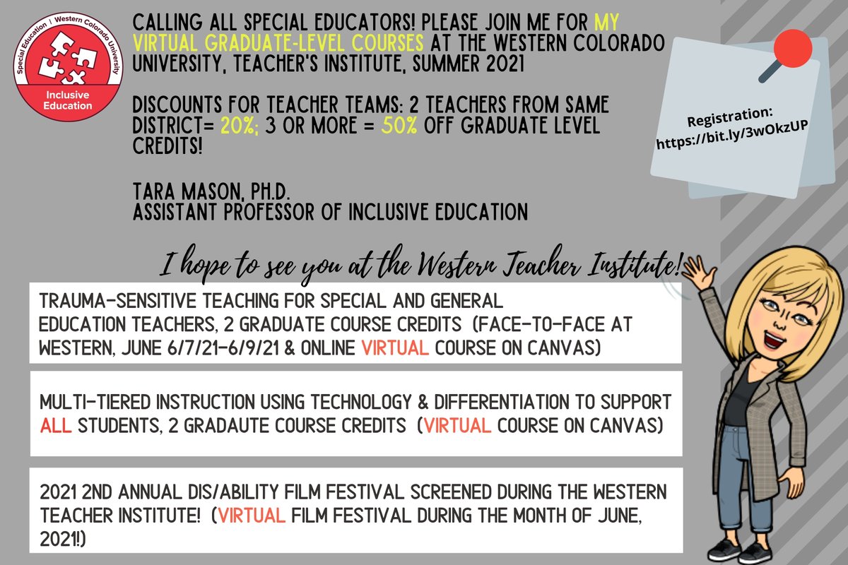 Western Colorado University Teacher Institute for online graduate courses for general and special education teachers! Deep Discounts for teacher teams who enroll together from the same district. Hope to see you there! western.edu/academics/exte…