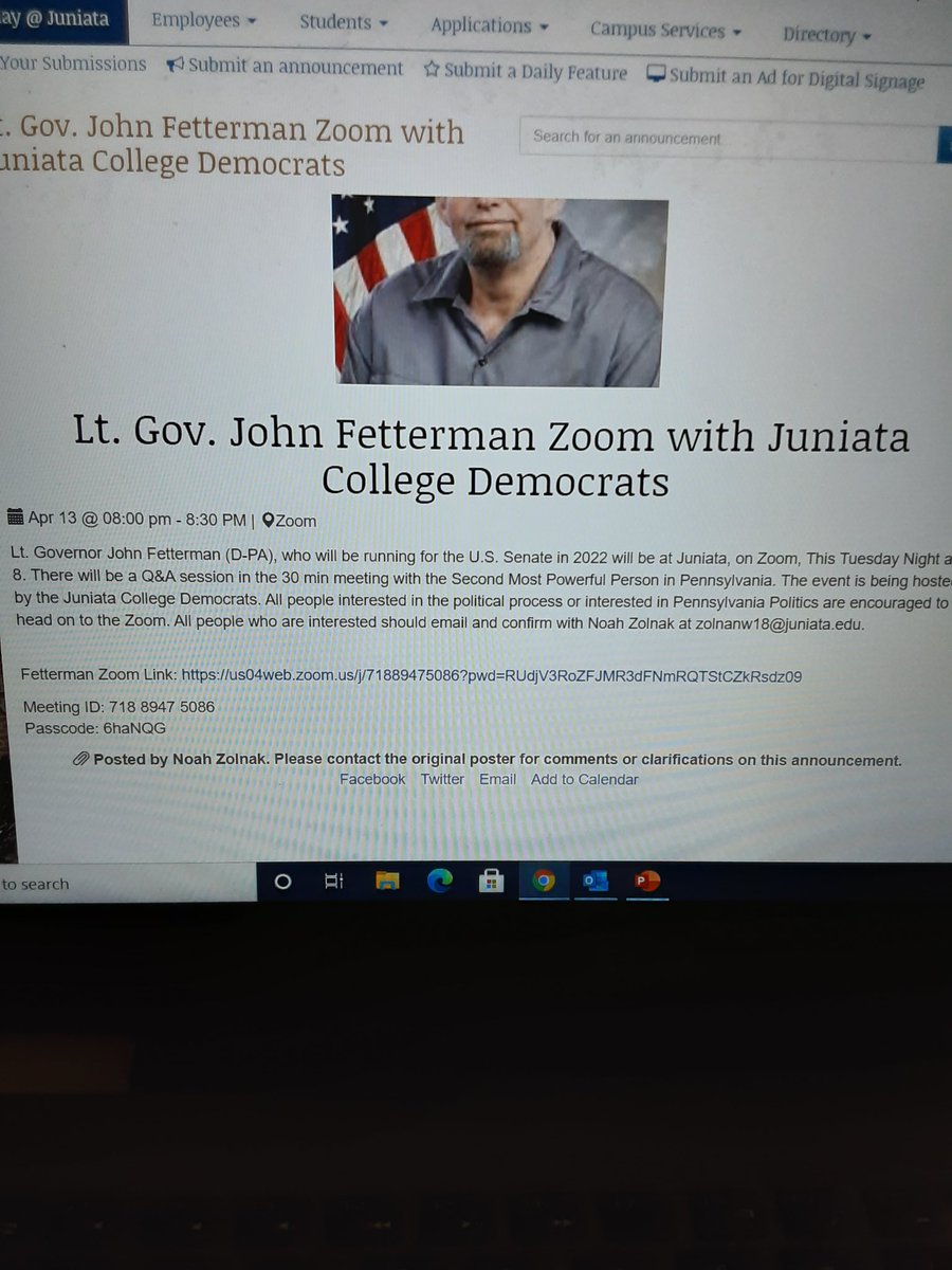 realjcdems's tweet photo. It's been a while since we wrote a tweet. But, we have @JohnFetterman at Juniata tomorrow via Zoom at 8p EST. Link in the picture and on "the Arch." We look forward to seeing everyone tomorrow night! https://t.co/KxMfAfwyOI