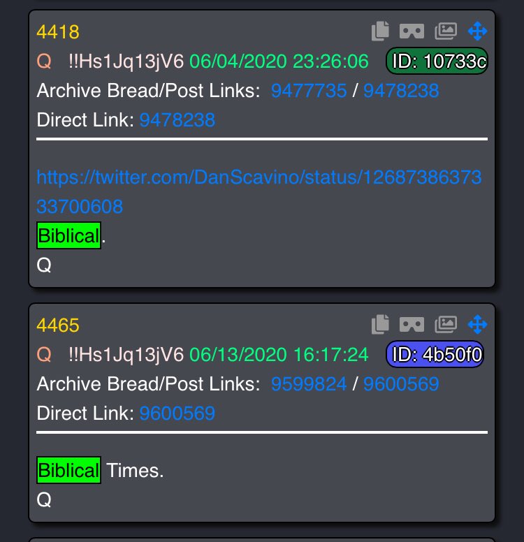 11/ Then we have 4418 Drop (6/4/20, 2326) pointing to a Scavino tweet (2257) with lightning striking the Washington Obelis- I mean MonumentThen 4465 Drop (6/13/20 at 1617) that just says “Biblical Times”