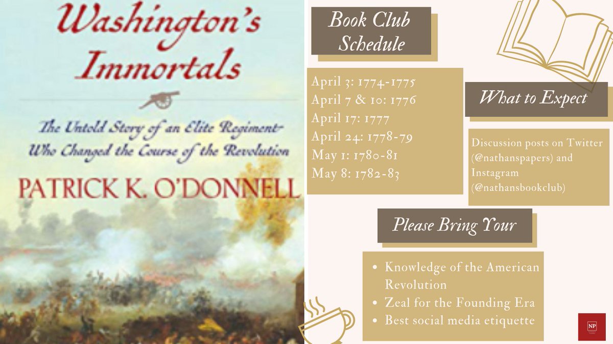 NathansPapers's tweet photo. Many thanks to all who have participated in the discussion on #WashingtonImmortals.  Hope you are enjoying it as much as we are.  Moving forward we will focus on Saturday discussions since that day seems t work best for most.  #AmericanRevolution #NPBookClub @amyjestey https://t.co/qL36wPCfbI