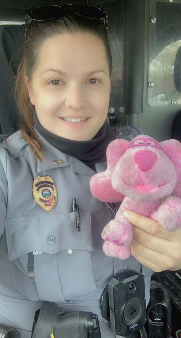 Officer Pence picked up this subject on W. 23rd today. Her name is Magenta, appx. 4.5 inches tall, glasses and is, well, magenta. She’s enjoying her ride-along, but we’d like to get her home. Send us a message if you know her family. Magenta. Not Officer Pence.