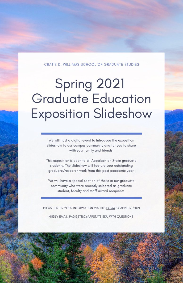 The deadline for Spring 2021 Graduate Education Exposition Slideshow submissions has been extended until tomorrow at 12pm! Send them in via the link below. 

docs.google.com/forms/d/e/1FAI…