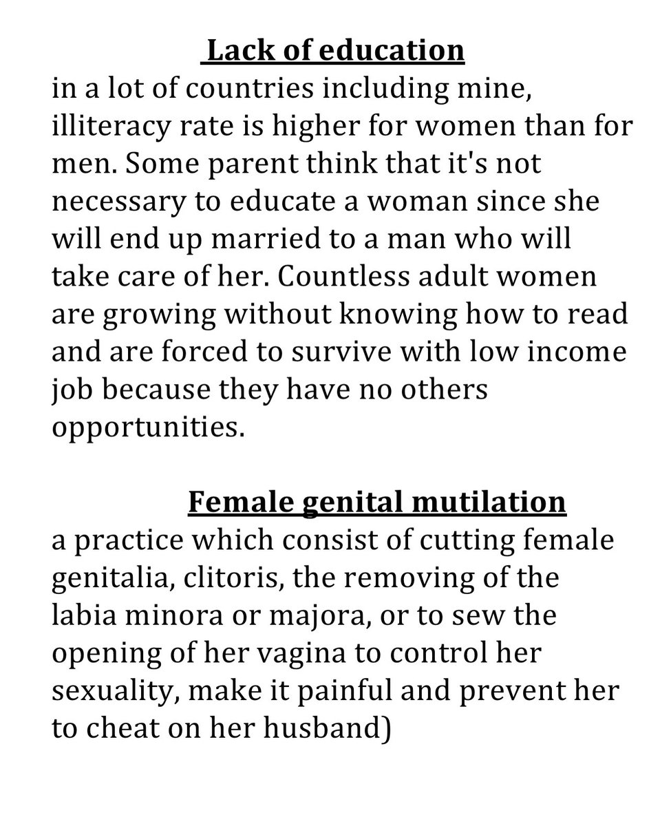 Way too often i hear some people say that the oppression of women in society has nothing to do with their sex. And when i hear this, i feel insulted as an african woman since "Sex based oppression" is part of our everyday life. This is a thread about some of those issues.