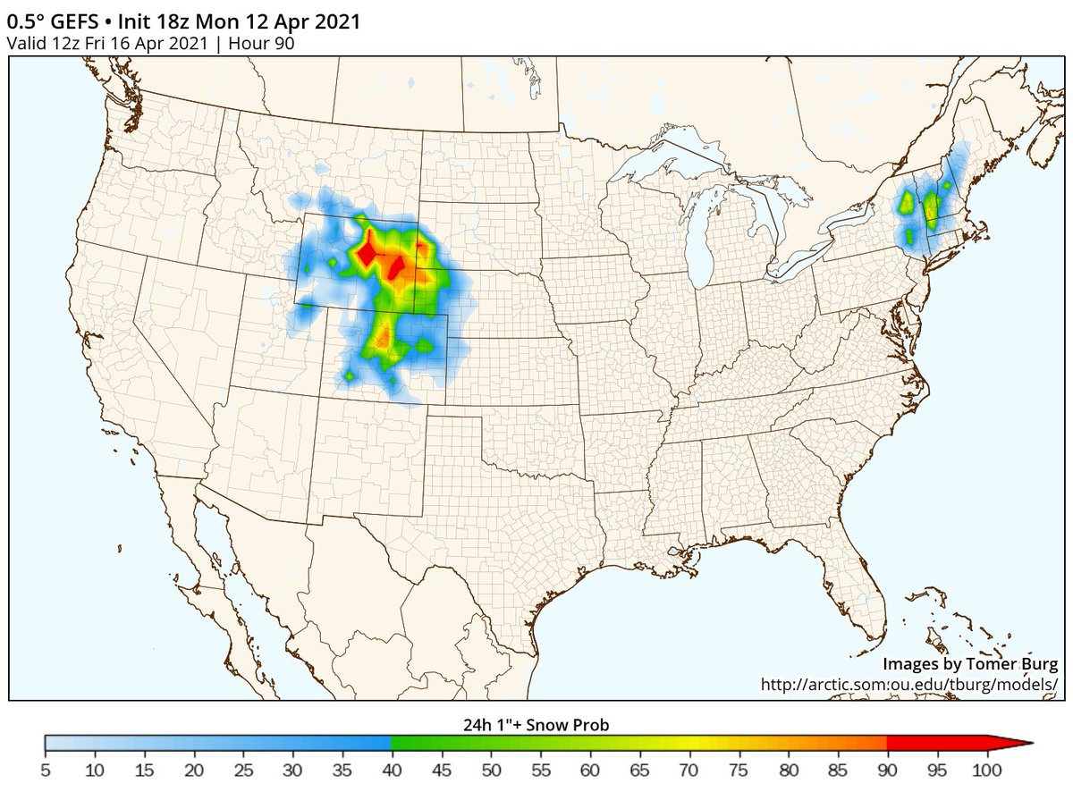 Confidence is increasing in a high elevation snow event in the Northeast this week, which isn't unusual but still noteworthy for mid-April.What I'm more intrigued by, however, is some deterministic & ensembles showing accumulating snow even down to the Hudson Valley... (thread)