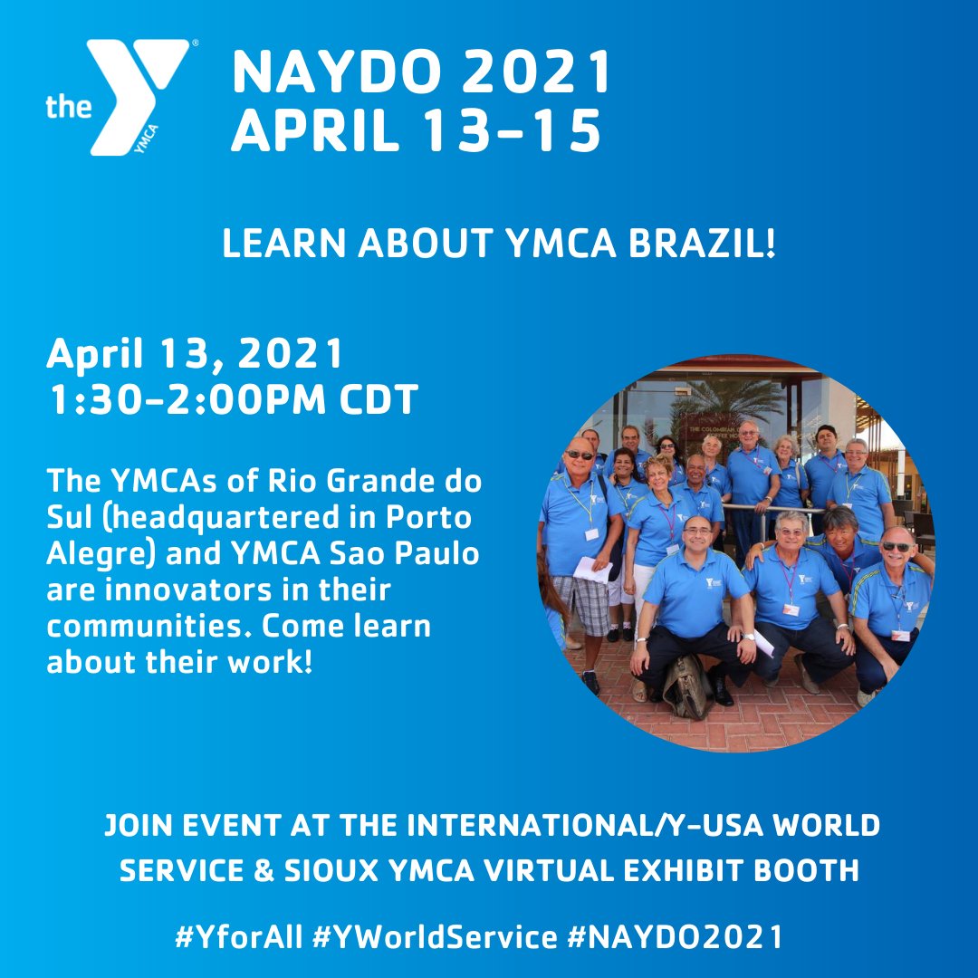 GlobalYMCA's tweet photo. Join us at the International/Y-USA World Service &
@SiouxYMCA Virtual Exhibit Booth during #NAYDO. We have an incredible line up for #NAYDO2021 attendees to learn about #YMCA Global Movement. Here's the 4/13 Part 2 schedule! #YforAll #YWorldService
@YMCA_NAYDO https://t.co/jIARBzxXru