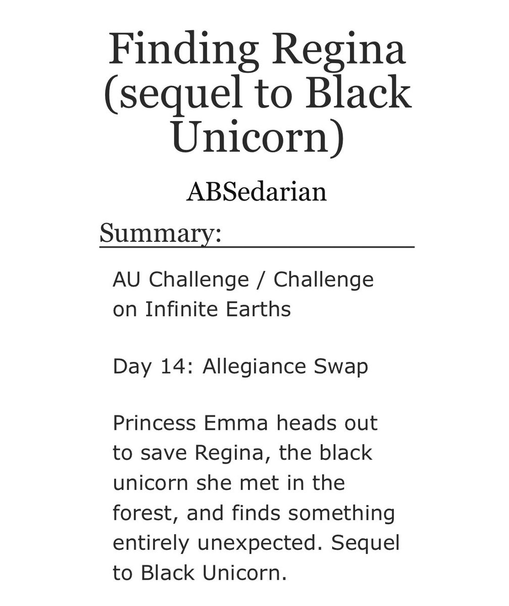 April 12: Finding Regina (sequel to Black Unicorn) by ABSedarian  https://archiveofourown.org/works/4172838  Next in a 30 day series.