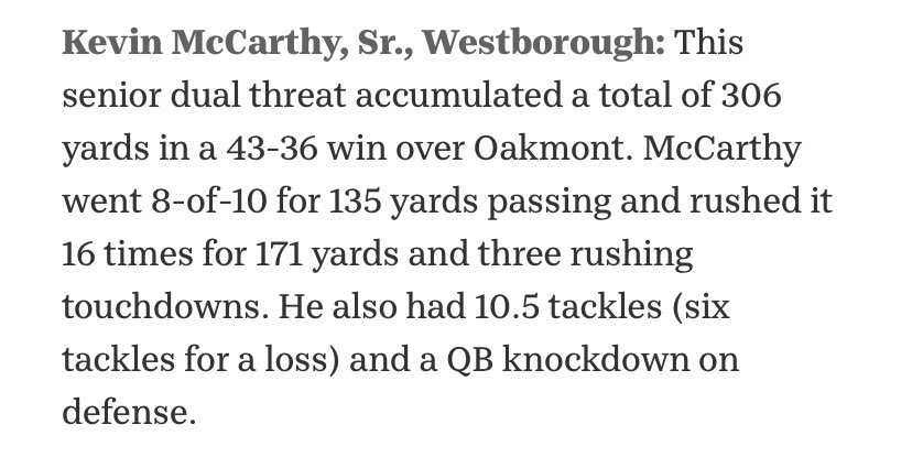 These stats are absurd.. go vote <a href="/kmccarthy_4/">Kevin McCarthy</a> for MA player of the week.. not to mention <a href="/ashtonw44/">Ashton Worstell</a> with 3 TDs too

 patriotledger.com/story/sports/h…