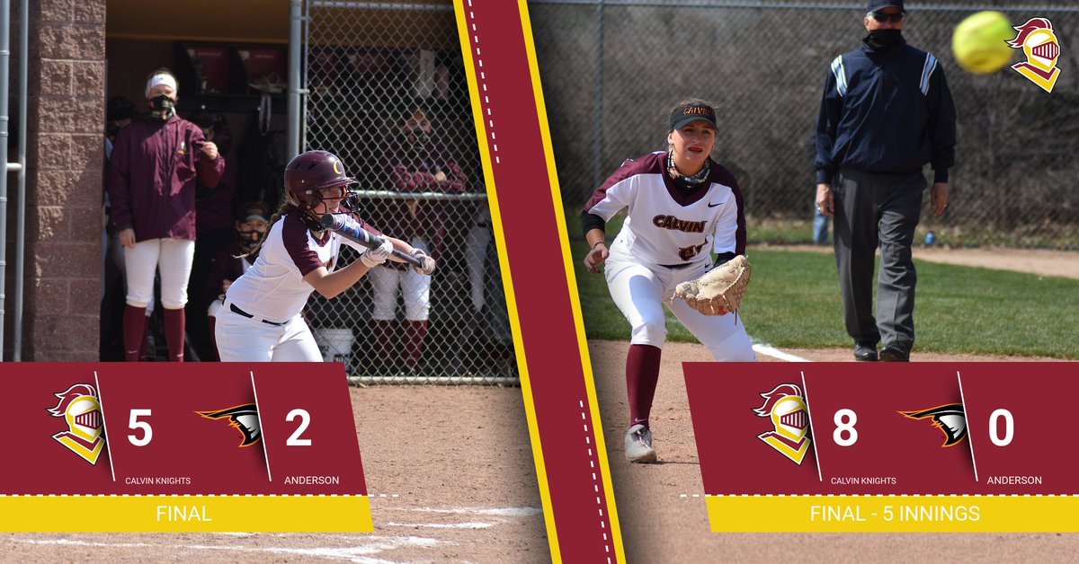 CalvinKnights's tweet photo. @CalvinSoftball takes a pair from Anderson today, winning game one 5-2 and game two 8-0 in a five-inning run-rule win. 
*Game 1 win goes to Ellie Borst. Bri Leegwater the save
*Kirsten Krause with 4-hit shutout win in Game 2.
*Kali Yant 5 hits on day. Grace Stock 4 hits &amp; 5 RBI. https://t.co/mwoJxJbClW