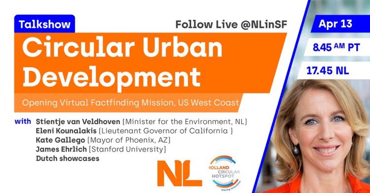 NL is designing the circular city of the future.

This virtual mission connects NL companies to potential partners on the US West Coast. Join the opening session tomorrow, with <a href="/SvVeldhoven/">Stientje v Veldhoven</a> <a href="/EleniForCA/">Eleni Kounalakis</a> <a href="/MayorGallego/">Mayor Kate Gallego</a> <a href="/JamesEhrlich/">James Ehrlich</a> 

More details: NLintheUSA.com/circular-fact-…
