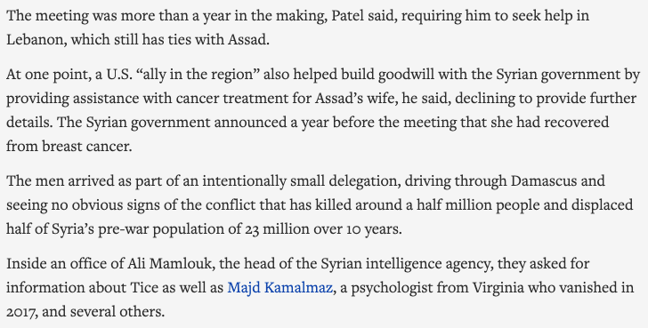 Ayei_Eloheichem's tweet photo. -The Syrians demanded, inter alia, removal of sanctions, full US withdrawal, and normalization
-#Syria refused to provide any information about Tice one way or the other
-US spent over a year setting up the meeting in Ali #Mamlouk's office, including via #Lebanon https://t.co/QIky3MCjKL