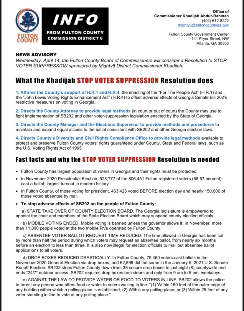 stphnfwlr's tweet photo. More GA voting fallout: 

Fulton County (Georgia’s most populous) Commission is slated to vote on a resolution later this week condemning SB 202 and outline parameters to legally challenge the law, which targets Fulton specifically with several sections. #gapol https://t.co/8rDxF9E5kr