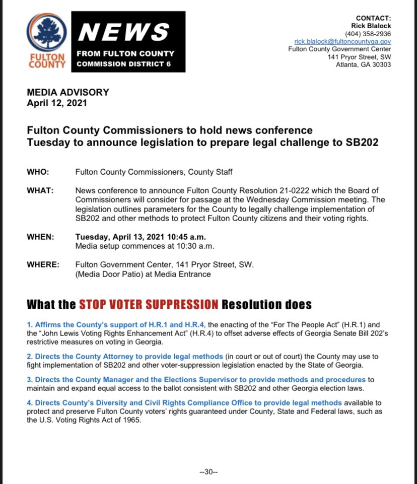 stphnfwlr's tweet photo. More GA voting fallout: 

Fulton County (Georgia’s most populous) Commission is slated to vote on a resolution later this week condemning SB 202 and outline parameters to legally challenge the law, which targets Fulton specifically with several sections. #gapol https://t.co/8rDxF9E5kr