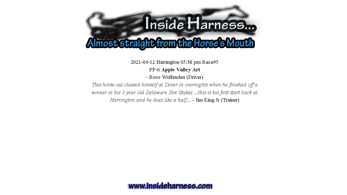 InsideHarness's tweet photo. See what Jim King Jr's (@JoannKi32885615)   posted on https://t.co/oftNUlVH3A $19 winner at @PlayHarrington in the 5th.

#insideharness
#almoststraightfromthehorsesmouth https://t.co/6jEQSQz6n0