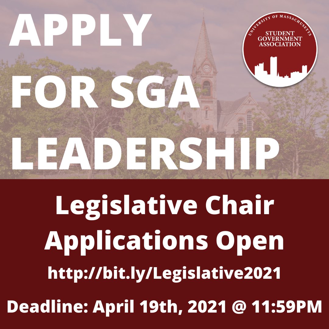 Legislative Chair applications are now open! Completed applications should be sent to pacollins@umass.edu and jacurto@umass.edu, with your resume attached. 

Link in bio! 
Due: April 19, 2021 at 11:59PM 
Questions? Email pacollins@umass.edu.