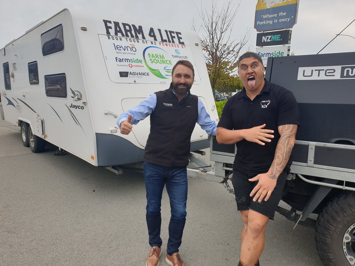 FarmsideNZ's tweet photo. We've been proudly supporting Tangaroa Walker's Farm 4 Life book tour, and it was a privilege for our team to meet T this morning as he passed through Timaru. https://t.co/5xmKdBprlF