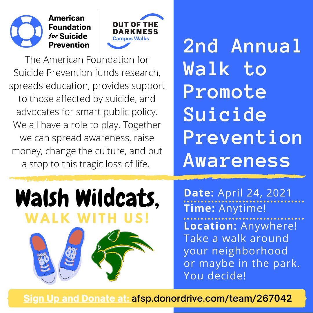 JWalshMSStuCo's tweet photo. Guess what? We exceeded our goal of $2k in donations! Let’s keep it going, Wildcats! Spread the word! If you haven’t already, sign up for our walk! April 24th is around the corner! WE GOT THIS!
#hopewalkshere
#hopewalksinroundrock
#hopestartswithyou
#endsuicide
#walshstrong https://t.co/jQybo9oluO