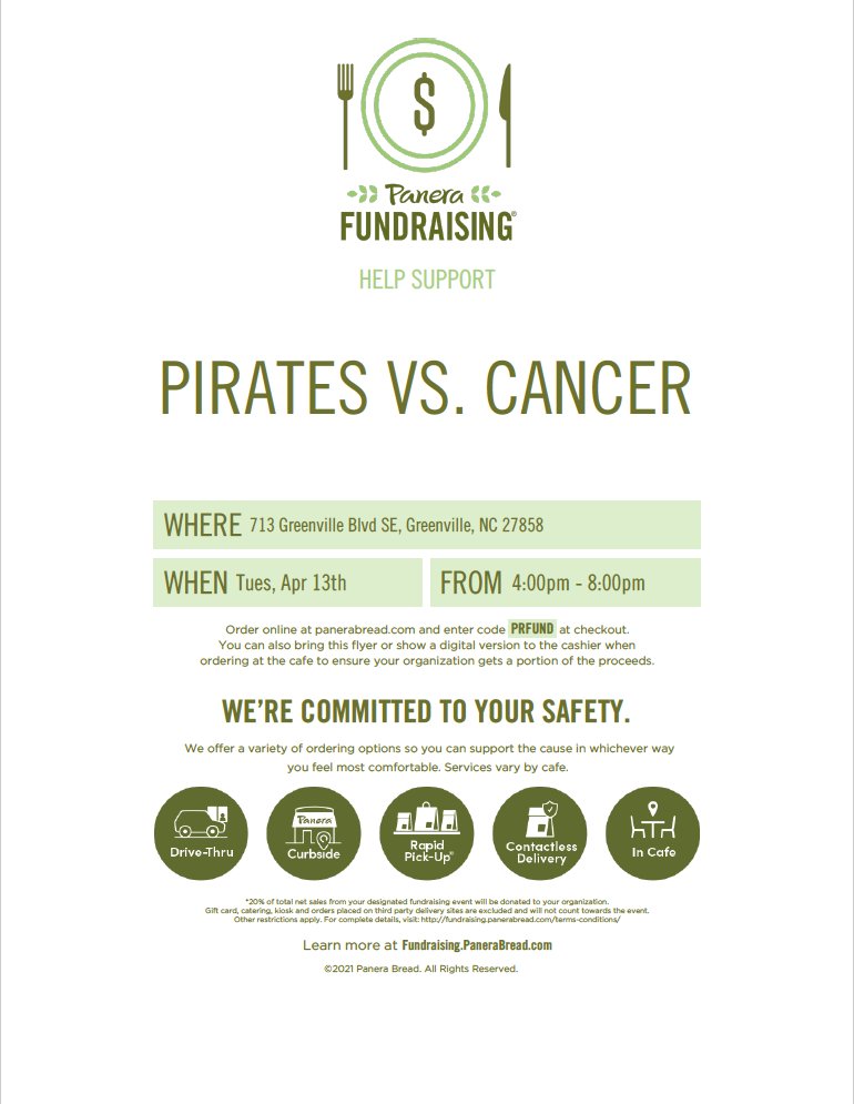 Hey y'all! A big thank you to everyone who came out this past weekend to support Pirates vs Cancer at Chipotle. We raised $97.65! Tomorrow is our final fundraiser night at Panera from 4PM-8PM. Please help us spread the word and finish strong!