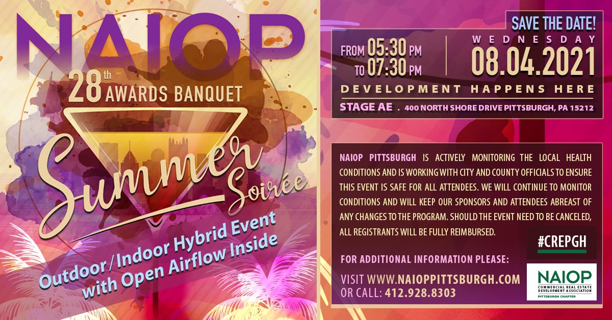 NAIOPPittsburgh's tweet photo. Join us on August 4, 2021 at Stage AE to honor the best of #CREpgh! Purchase your ticket(s) today at https://t.co/nYLyNqHdmq

#PittsburghAwards #PittsburghEvent #CRE #CREawards https://t.co/bTa0t3x9sT