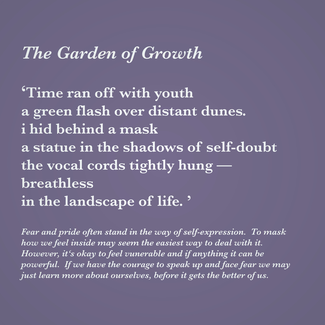 The Garden of Growth

‘I hid behind a mask
A statue in the shadows of self-doubt
The vocal cords tightly hung - ‘

.
.
.
.
.
.
.#poetry #poet #poetsofinsta #poetsofig #instapoet #poetryandwriters #photographyandpoetry #singaporewriters #poetrywriter #poets #mentalhealth #ment