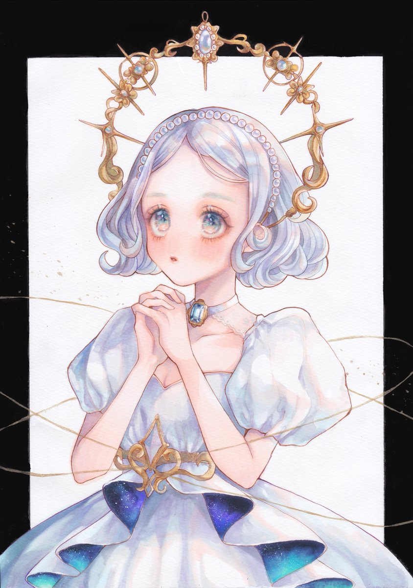 1girl solo blue eyes traditional media gem choker white choker  illustration images