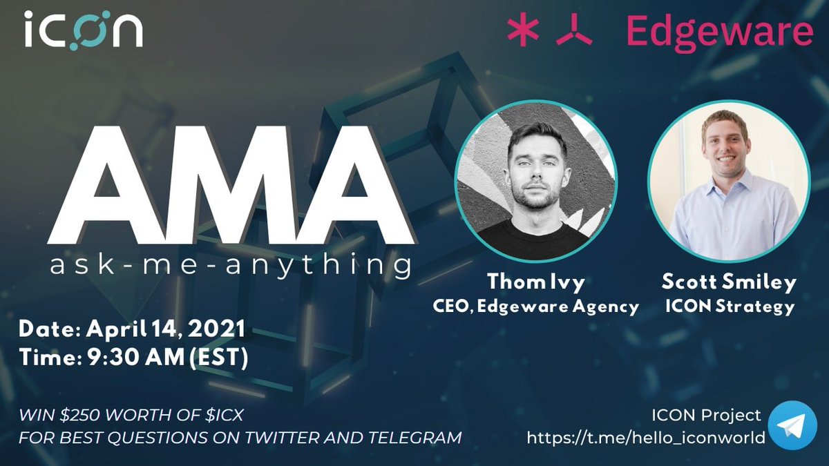 sodaholders's tweet photo. ICON is excited to 📣 an AMA w/ @thom_ivy_1 from @HeyEdgeware &amp; @benny_options on ICON Project Telegram 🔥🥳

🗓 April 14, 9:30 AM EST
👉https://t.co/z9MehLORO3
🎁$250 of $ICX for best q's on Twitter ($100) and Live Q&amp;A on Telegram ($150)
👉 Post Twitter q's 👇

#ICONProject https://t.co/mflLGN5Y1B