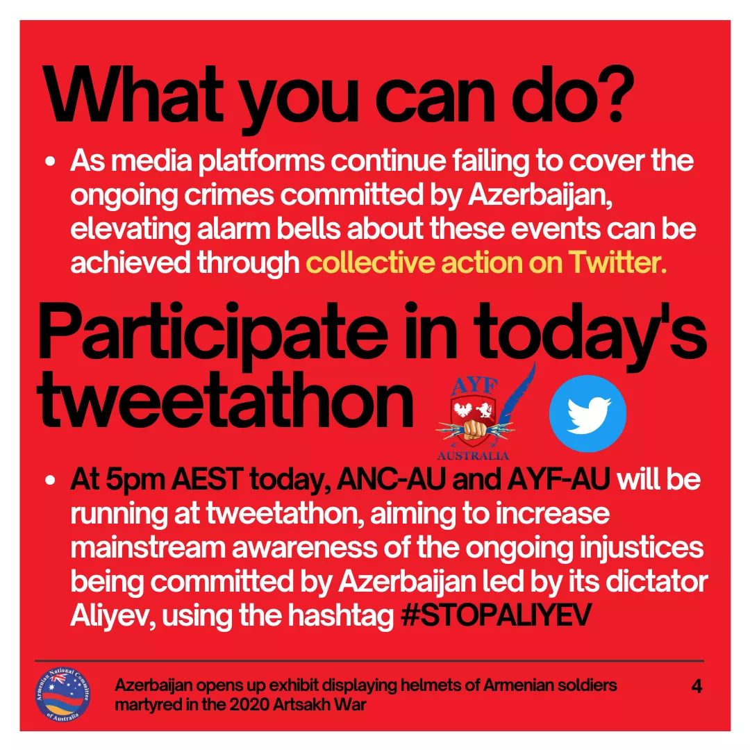 Join us today at 5pm AEST with <a href="/ayfaus/">AYF Australia</a> in tweeting about the ongoing horrors that Azerbaijan continues  to enact against the Armenians. Tweet using the #STOPALIYEV to highlight the horrors of the Aliyev regime and spread awareness of Armenophobia.