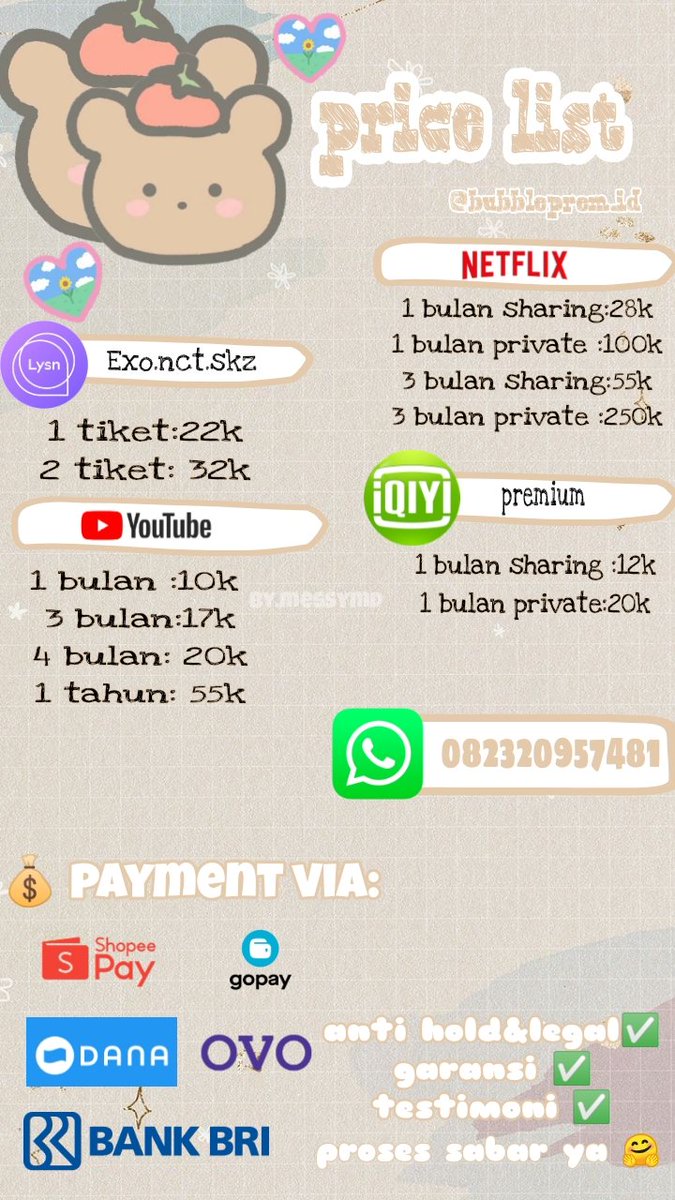 memesgemoi's tweet photo. Bismilah 🙏 [help RT ]
Jual aplikasi premium murah aman legal ✅ #bubblelysn #bubblejyp Netflix, viu, spotify, Disney+hostar, weTv,dll 🙏 ini aku bawa price list baru kak soalnya beberapa harga naik karena kebijakan baru😁minat DM/PC WA ku ya🤗 https://t.co/0zUcD6NsKT