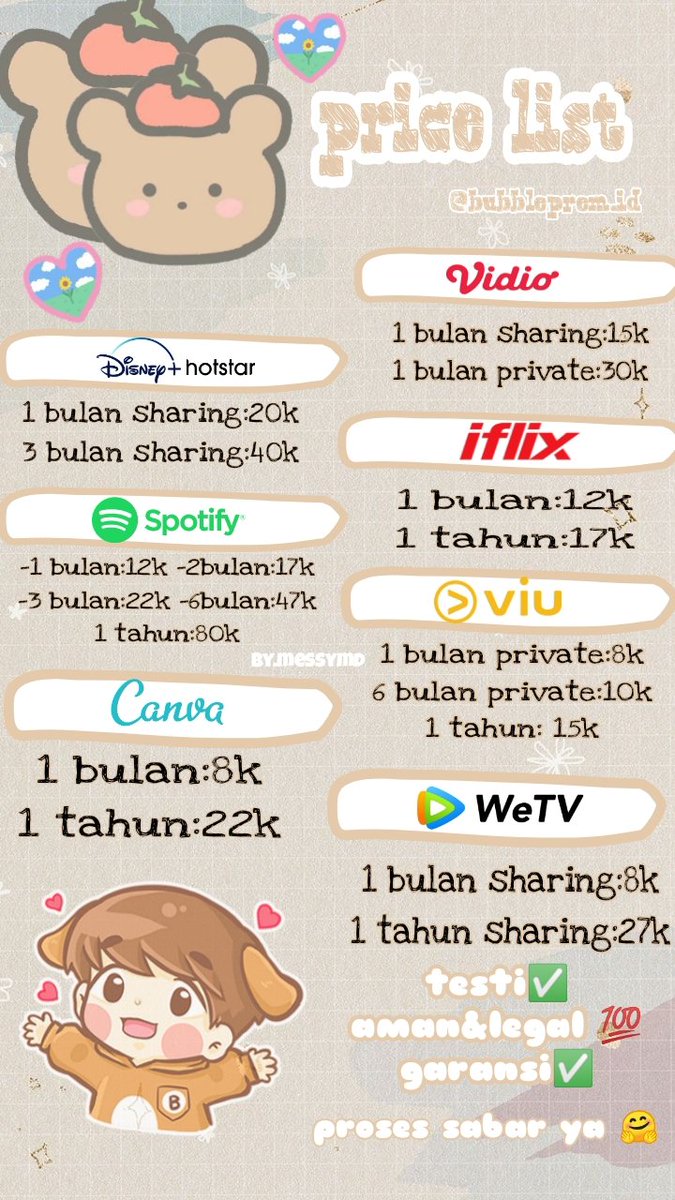 memesgemoi's tweet photo. Bismilah 🙏 [help RT ]
Jual aplikasi premium murah aman legal ✅ #bubblelysn #bubblejyp Netflix, viu, spotify, Disney+hostar, weTv,dll 🙏 ini aku bawa price list baru kak soalnya beberapa harga naik karena kebijakan baru😁minat DM/PC WA ku ya🤗 https://t.co/0zUcD6NsKT