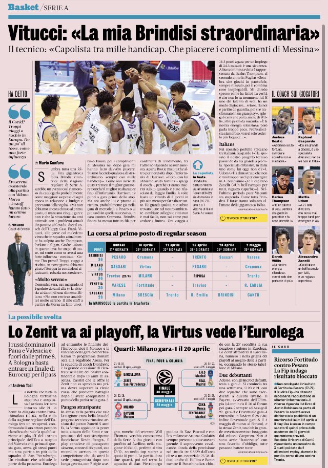 mariocanfora's tweet photo. È tutta una follia, una gigantesca follia. In @LegaBasketA comanda @HappycasaNBB, una situazione praticamente impossibile da pronosticare a settembre. Vedremo come finirà... Oggi sulla #Gazzetta il momento... folle #vitucci #brindisi #LBA #basket #basketball https://t.co/3C4dmY89qA