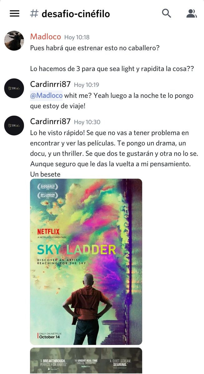 Empiezan los desafíos cinéfilos en nuestra pequeña comunidad de discord.
Que es? Recomendarse películas, documentales y mediometrajes unos a otros! 
Entra aquí discord.gg/ka8gy4Sh