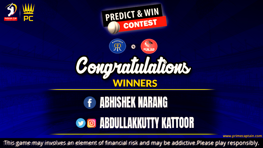 PrimeCaptain1's tweet photo. Congratulations To The Winners of Predict and Win Contest of #RRvsPBKS match.
.
.
Participate in the contest and win free entry in a mega contest of pool prize 2 Lakh.
https://t.co/zFbIer1z3i
#PrimeCaptain #IndianT20League #PrimeWinner #Win #Contest #IPL2021 #fantasycricket #PCPL https://t.co/lsvRdxXszU