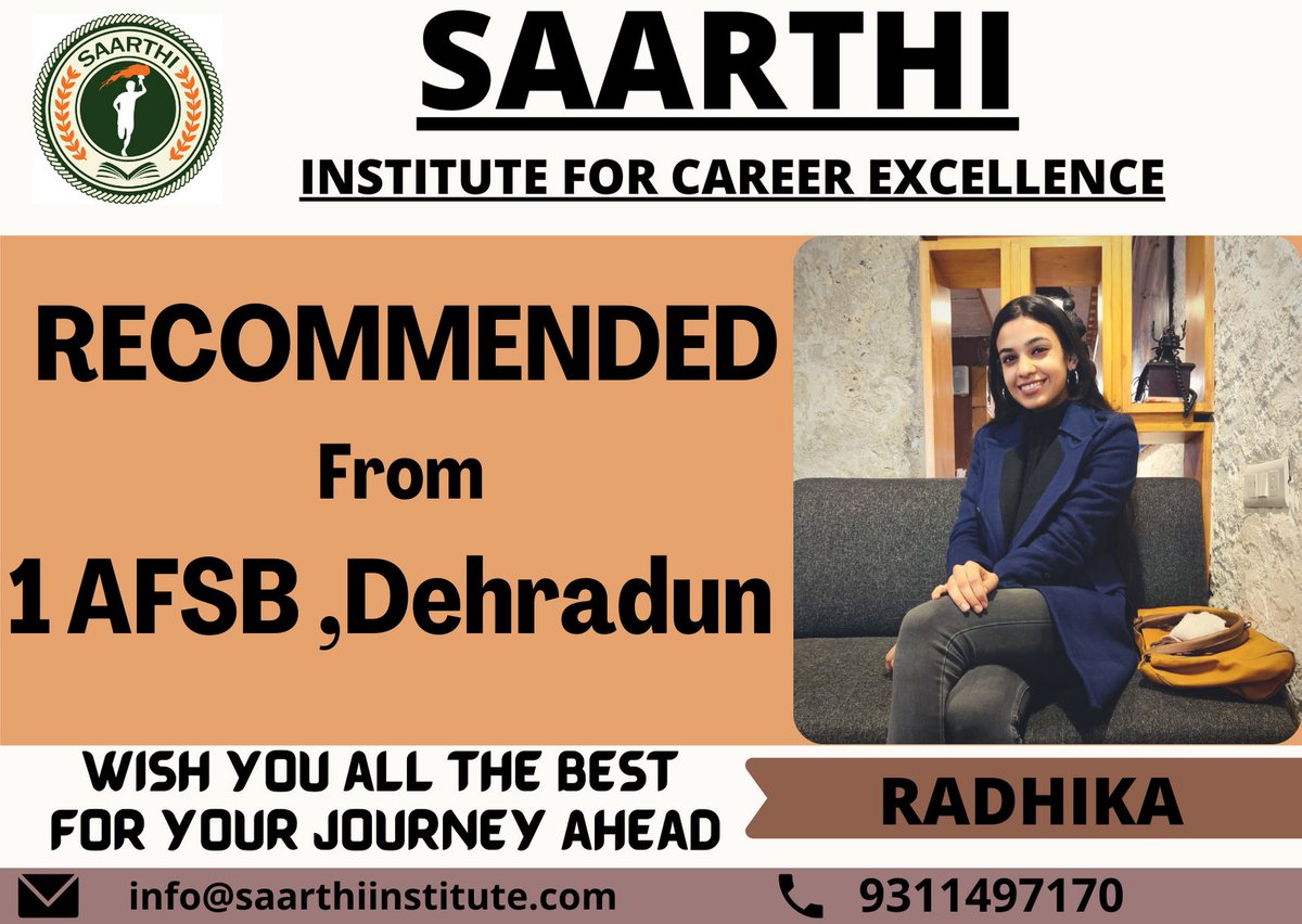 SAARTHI_SSB's tweet photo. Another success story added to our storybook-Our candidate Radhika  got recommended from 1AFSB,Dehradun..
Congratulation for your success .
Wishing you all the best for your journey ahead.
 #ssb #indianarmy #IndianAirForce #indiannavy #cds #afcat #nda #ota #inet @ColSanjayJohri https://t.co/tDOAxh6Gm6