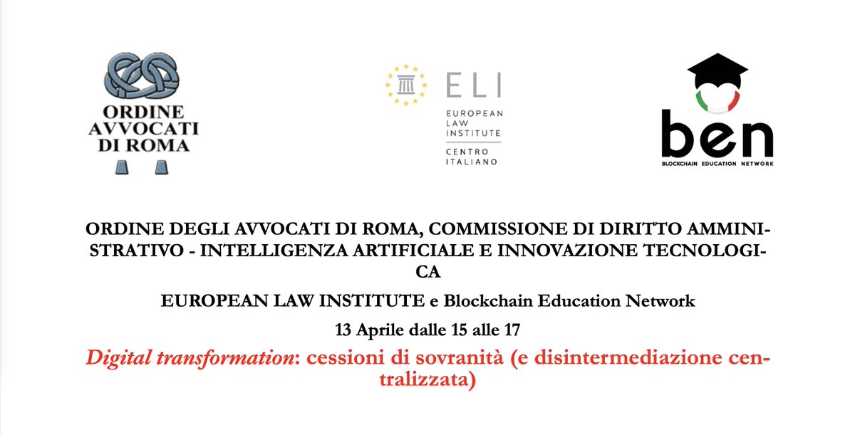 📢 Oggi parteciperemo all’evento “Digital Transformation: cessioni di sovranità (e disintermediazione centralizzata)”

🎙 Presenti il nostro Niccolò Travia ed il Prof. <a href="/filippozatti/">Filippo Zatti</a> (Comitato Scientifico #BlockchainEdu)

🏛 In collaborazione con <a href="/OrdineAvvROMA/">Consiglio dell'Ordine degli Avvocati di Roma</a> e @ELI_Secretariat