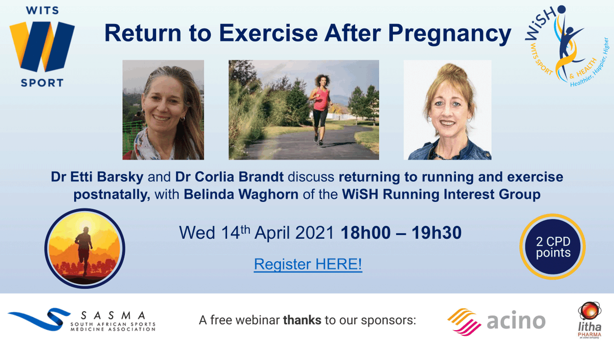 WishWits's tweet photo. 📢📰💻The WiSH Running Interest Group invites you to a free webinar:
 
When: Wednesday 14 Apr 2021 06:00 PM Johannesburg
Topic: WiSH Webinar: Return to Exercise after Pregnancy

Register in advance for this webinar, brought to you free by Acino Litha:
https://t.co/AtOoLnhMtR https://t.co/gWWGHE0414