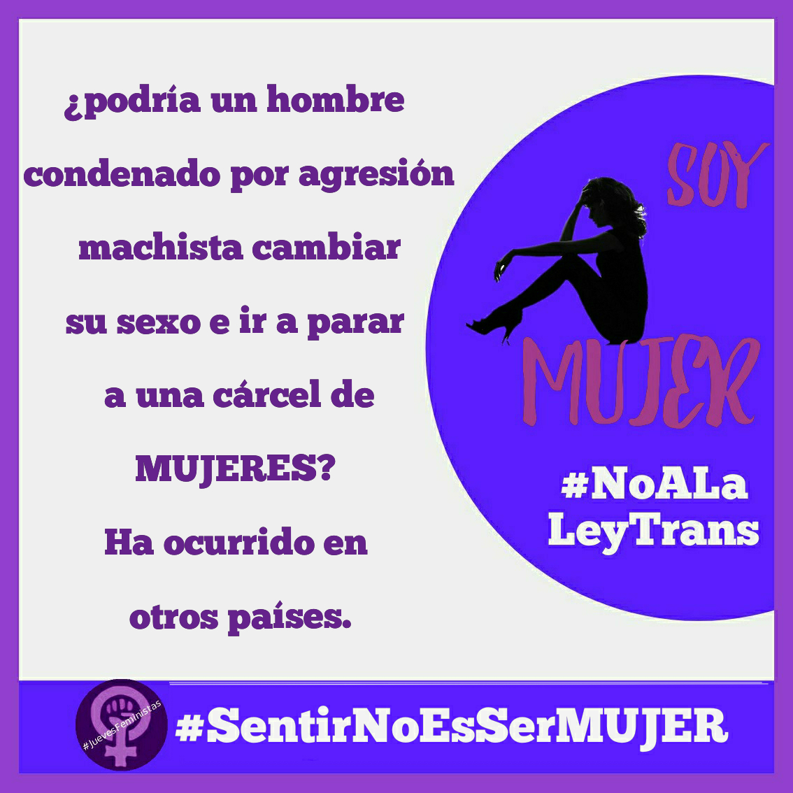 Vestuarios, baños, hogares para mujeres maltratadas, prisiones... podrán ser compartidos con hombres autodenominados mujeres. Dejarán de ser espacios seguros para nosotras.
#SentirNoEsSerMujer
#JuevesFeministas