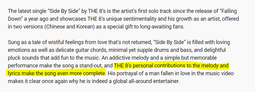 mwoozic's tweet photo. "THE8's personal contribution to the melody &amp; lyrics makes the song even more complete" cementing our self-producing idol title!!! 👏🥺
#명호_곁에서_나란히_오래오래
#SIDEBYSIDE_NEXT_TO_THE8 https://t.co/DPRcwt3dFf
