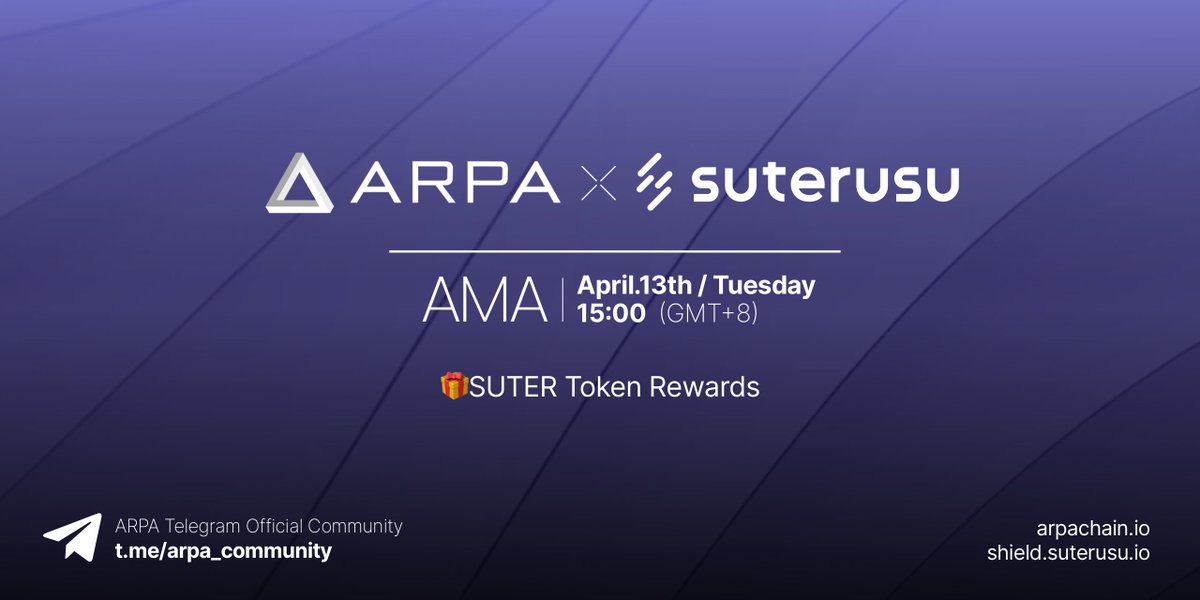Apr 13th, 3pm UTC+8, <a href="/suterusu_io/">RGB | Suterusu</a> will join #ARPA community for an AMA!
🚀Here's all you want to know about #Suter &amp; pitch your own questions to share $250 $SUTER 
🔥Join in retweet campaign to share $750 $SUTER  
⬇️Hop in now, the show starts in 2 hrs!
t.me/arpa_community